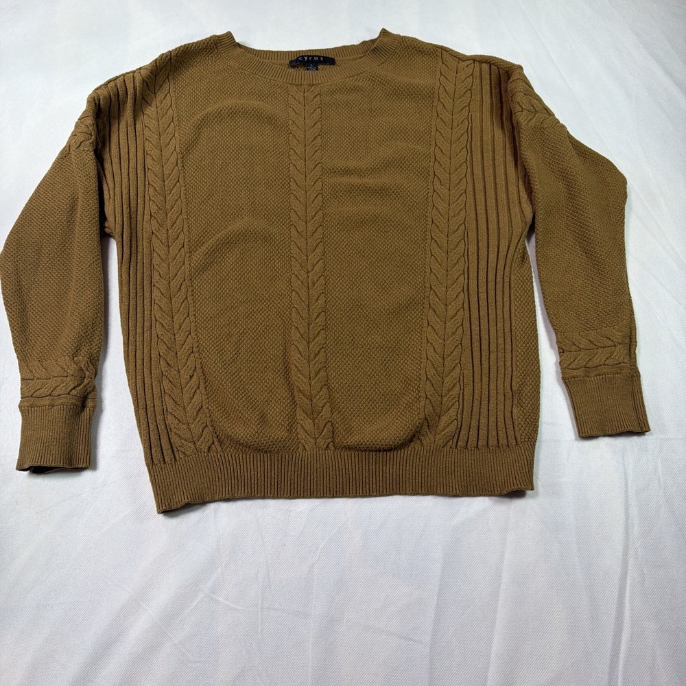 Cyrus Cable Knit Sweater Women's L Brown Mustard Crew Neck Pullover